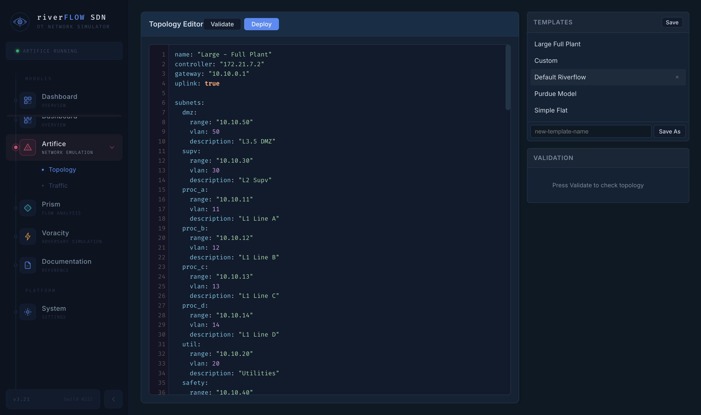 Artifice traffic configuration interface showing protocol weights and simulated flow setup