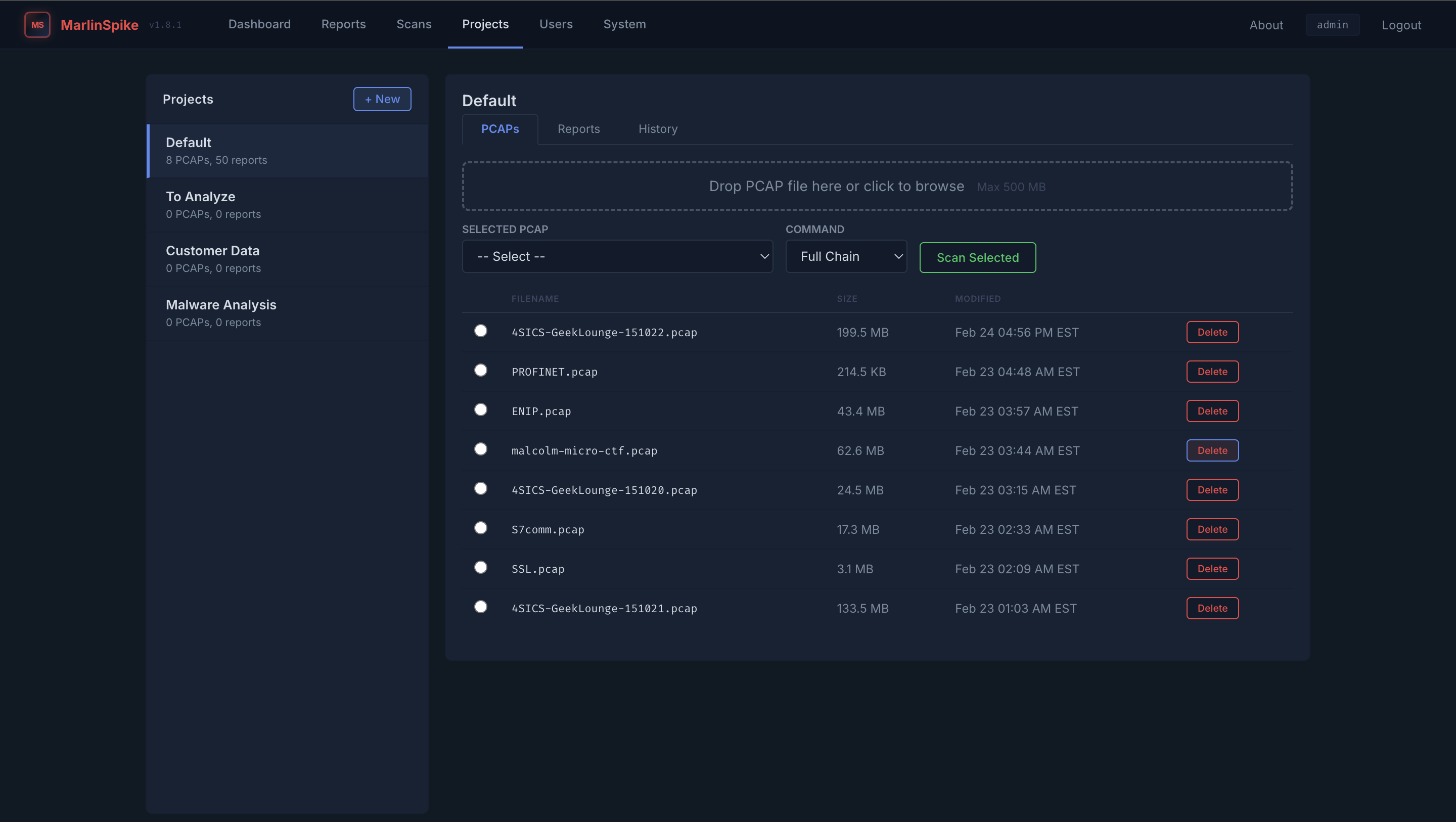 MarlinSpike dashboard showing scan progress and generated reports