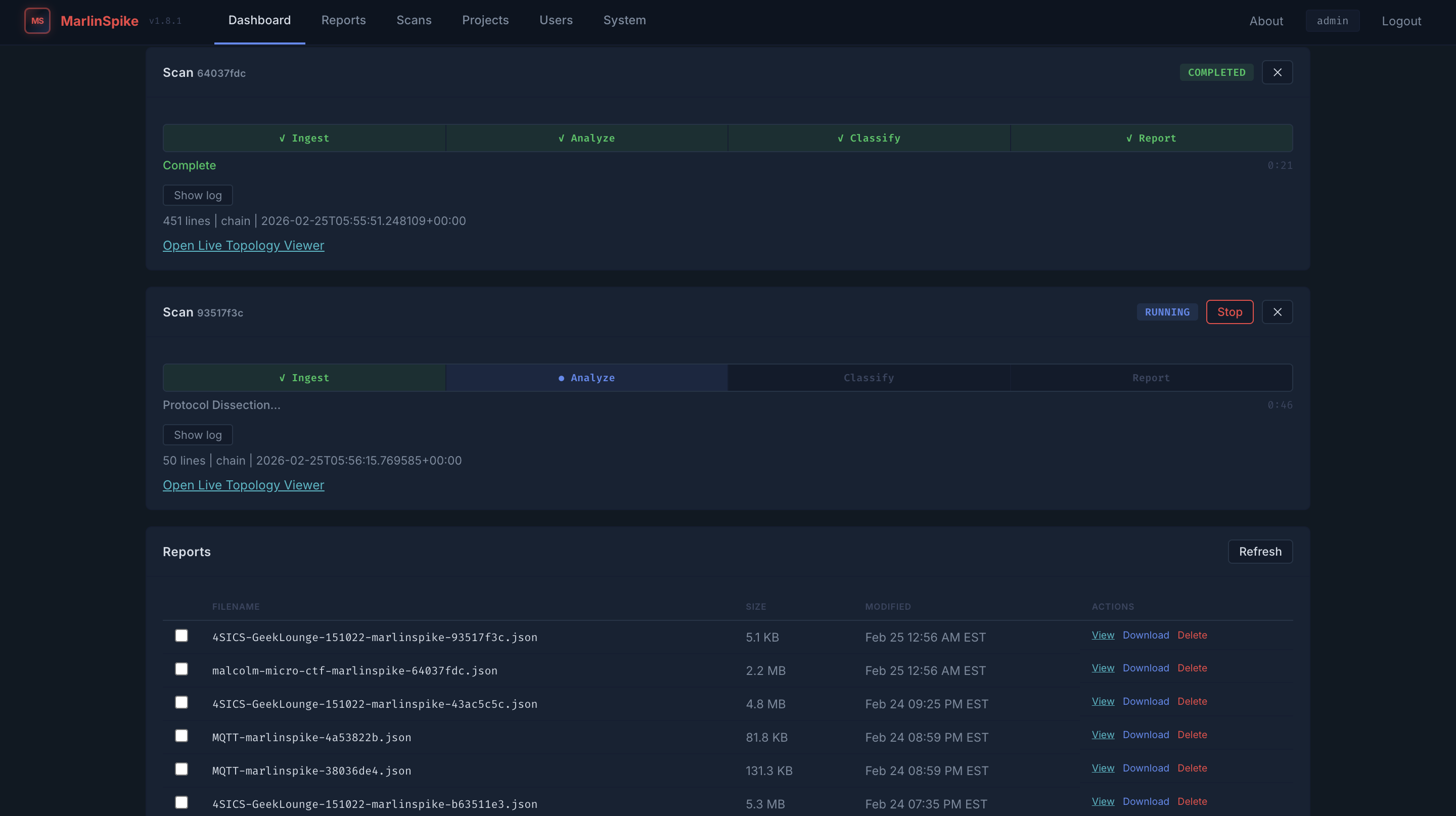 MarlinSpike project view with pcap upload and scan command selection